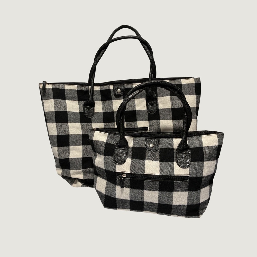 Black White Buffalo Plaid CoTote Bag Set 2 Piece Checkered Handbag Travel Cotton